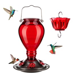 Kingsyard Glass Hummingbird Feeder - 6 Bee Guard Feeding Ports & Ant Moat, 24 oz Leak Proof, Wild Bird Feeder for Outdoors Hanging, Easy to Clean & Refill, Garden Yard Decor, Red