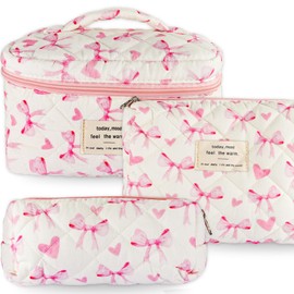 Set of 3 Women's Cosmetic Bags with Bow Pattern, pink, Fashion