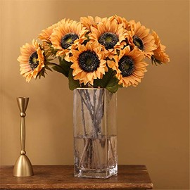 Hawesome - Ramo de girasoles de seda sintética, 7 piezas, diseño de girasoles de seda sintética, tacto real, tallos largos para bodas, fiestas, centros de mesa, decoración del hogar (amarillo otoño)