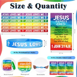 Humyoun 30 Sets/ 60 Pcs Jesus Loves Me Silicone Wristbands with Bible Verse Cards, 1 John 3 1 Christian Religious Party Favors Gift VBS Rainbow Wristbands for Bible School Church Group