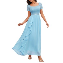 Wedtrend Elegant Evening Dress Long for Wedding Square Neck Lace Dress A Line Ruffle Dress with Chiffon, lightblue