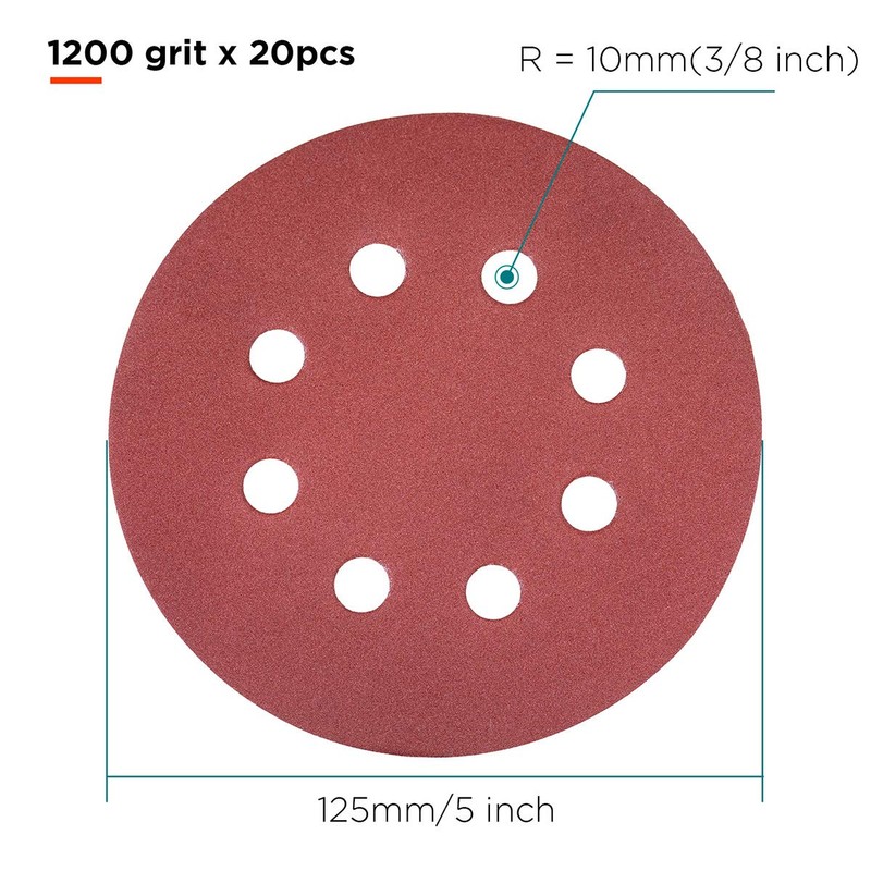 YoiYee 1200 Grit Sanding Discs Pads, 8 Holes, 125mm/5-inch Hook