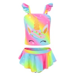 Akokvlar - Traje de baño de dos piezas con diseño de unicornio para niñas pequeñas, Arcoíris Unicornio, 7-8 Años