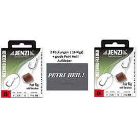 Set: 2 Pack (16 Rigs) Method Feeder Hair Rig by Jenzi with Rubber Band/Quick Stop, Hook Size 8, 10, 12 - Length 12 cm + Free Petri Heil! Sticker (Quickstop Hook Size 8)