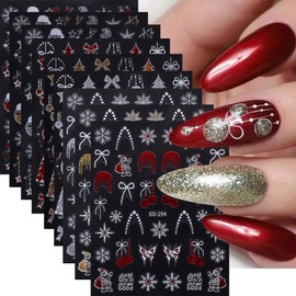 ONPRESS 9Sheet Christmas Nail Stickers Red Gold Silver Glitter Nail Art Stickers Xmas Tree Snowflake Bow Nail Decals Snowman Elk Star Red Wine Glass 3D Self-Adhesive Nail Supplies for Manicure Decor