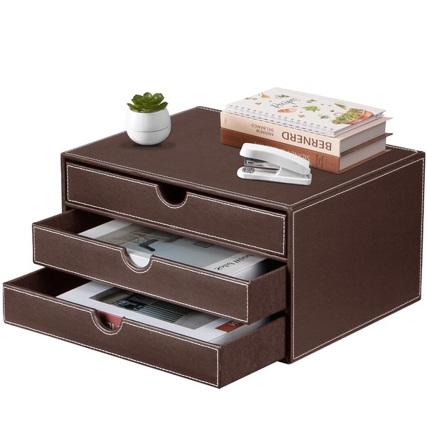 PU Leather Desktop Organizer with Drawers,3 Drawer Office Desk Organizer,Desktop