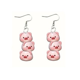 Cute Pink Pig Dangle Drop Earrings Pig Head Funny Animal Earrings for Women Friends Jewelry-3 Heads