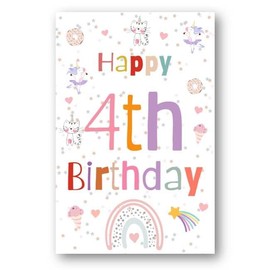 Second Ave 4th Birthday Age 4 Unicorn Cat Ice Cream Children's Kids Happy Birthday Card Greetings Card For Girls