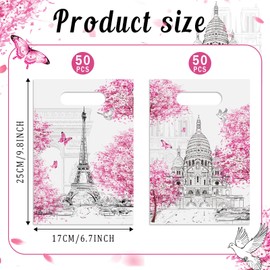 Pajean 100 Pcs Paris Party Favor Bags Eiffel Tower Gift Candy Goodie Bags Bulk Pink Floral European City Landscape Paris Party Decorations for Women Birthday Wedding Pink Theme Events Supplies