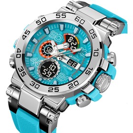 findtime Colourful Watches Men's 5ATM Waterproof Digital Watch with Double Time 12/24H Display LED Date Stopwatch Large Men's Watch Cool Military Design, Blue Lake, Bracelet