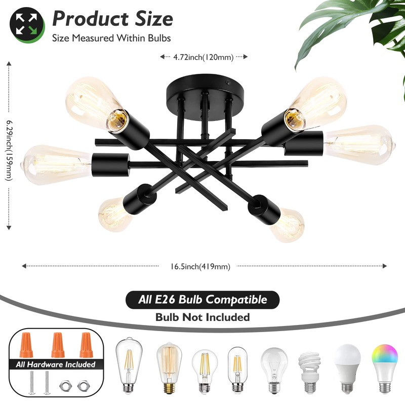 TOBUSA 6-Light Semi Flush Mount Ceiling Light Fixture, Black Sputnik