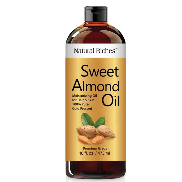 Natural Riches Sweet Almond Oil Cold Pressed, Triple A Grade, Pure and Natural Hexane free Soothing Vitamin E Oil for Skin & Face, Facial Polish, Full Body Massages, DIY Base Grown in USA 16 FL oz.