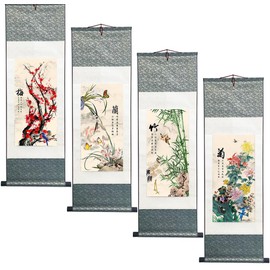 Ziosxin Chinese Art Painting Chinese Brush Landscape Ink Flower and Bird Painting Asian Tapestry Silk Scroll Painting Decor Wall Hanging Painting (4 flowers and plants, 39" x 12"/100 x 30cm)