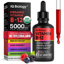 Organic Vitamin B12 Liquid Drops - Methylcobalamin 5000 mcg Sublingual - Organic B 12 Methylated for Women & Men - Vegan Vit B12 for Energy, Brain & Nerve System Support (under tongue use) - 2 fl oz