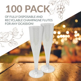 Reli. (100 Bulk Pack Silver Glitter Plastic Champagne Flutes 4.5 Oz | Clear Plastic Champagne Glasses/Flutes | Disposable, BPA-Free, Shatterproof | Perfect for Mimosa, Wedding, Party Toasting