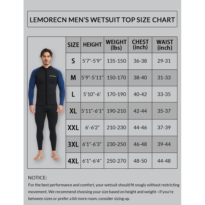 Lemorecn Wetsuit Top Men 3mm Neoprene Wetsuits Jacket Long Sleeve