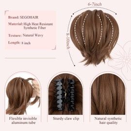 SEGOHAIR Claw Clip Short Ponytail Extension Messy Bun Hair Piece, 8inch Caramel Brown Bendable Metal Wire Fake Bun Hair Pieces for Women-Hair Buns Hair Piece Fake Ponytail DIY Styles