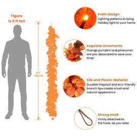 SHareconn 6ft Fall Garland with Lights, Autumn Leaves Garland with Realistic Pumpkins, Thanksgiving Christmas Decorations for Mantle Home Wedding Table Porch Indoor Outdoor, Orange, 6 FT