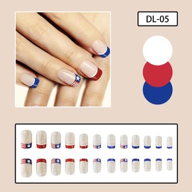 24 Pcs Red French Tip Press on Nails Short Square Fake Nails 4th of July Glue on Nails American Flag Design Acrylic False Nails Patriotic Full Cover Stick on Nails for Independence Day Manicure Decor