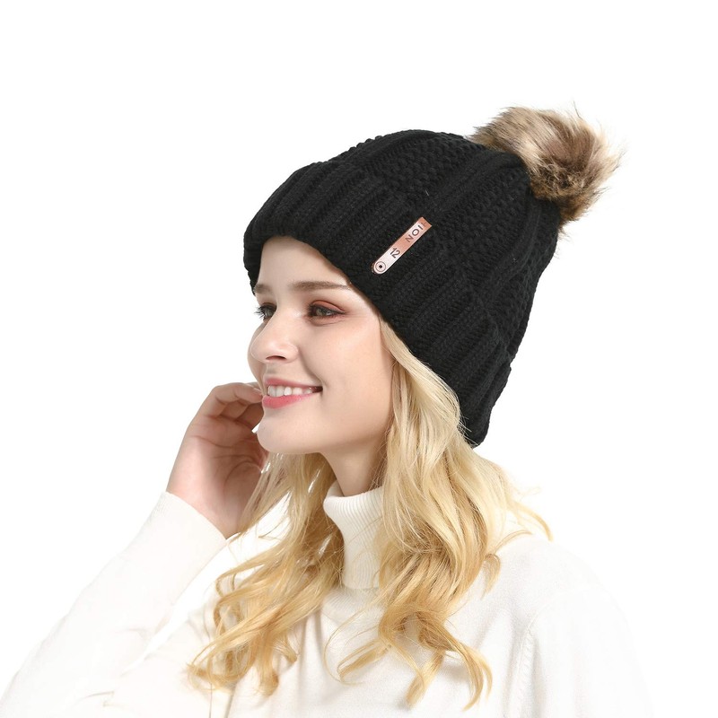 GanJingRen Women's Faux Fur Pompoms Lined Thick Knitted Warm Winter