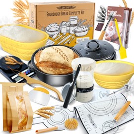 Sourdough Bread Baking Supplies 34 oz Sourdough Starter kit with Pot, 2 Silicone Bread Proofing Baskets, and Bread Making Tools Kit - Yellow