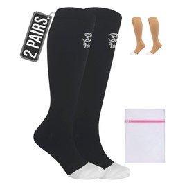 360 RELIEF 2 Pairs Compression Socks for Women & Men - Open Toe Graduated Compression Stockings, Flight Socks, Running, Nurses, Maternity, Pregnancy, S/M, Black + Laundry Bag