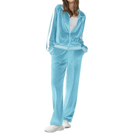 Ekouaer Women's Velvet Velor Tracksuits 2 Piece Lounge Outfits Zip Up Sweatshirt and Sweatpants with Pockets S-3XL(Light blue,Small)