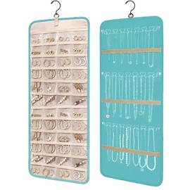 Tehttz Hanging Jewelry Organizer Roll with Hanger, Double Sided Jewelry Hanging Storage Holder with 48 Pouches and 21 Necklace Hooks, Necklace Holder Display Hanging on Wall Door Closet (Blue)