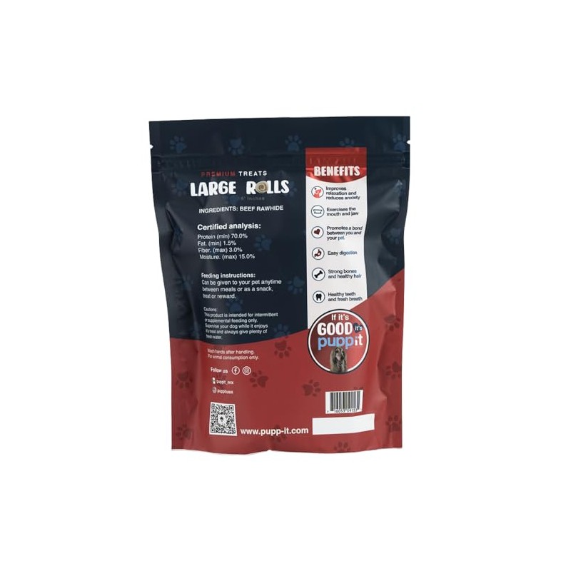 PUPP IT Rollos Grandes de Carnaza Premium, Snack Natural para
