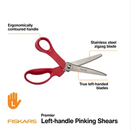 Fiskars 8” Premier Left-Handed Pinking Shears, Precision Stainless Steel Blades for Zigzag Cutting, Ergonomic Handle for Comfort