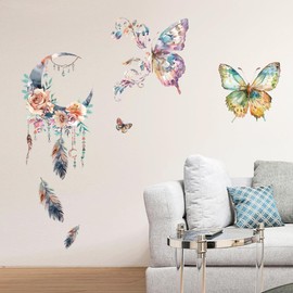 Peacoblue Butterfly and Dreamcatcher Wall Stickers Decals Decor Removable Peel and Stick, 2 Sheets 11.8" x 35.4" Vinyl 3D Wall Mural for Bedroom Living Room Nursery Bathroom Classroom Playroom