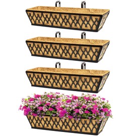 4 Pack 24 Inch Window Boxes Planters for Outdoor Plants Railing Planter Box with Adjustable Brackets for Windowsill Porch Fence Patio Hanging Flower Coco Baskets for Outside Decoration - Black