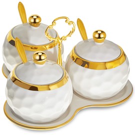 Lallisa 3 Pcs Golf Porcelain Sugar Bowl Condiment Pot Golf Shaped Ceramic Sugar Holder with 1 Tray Salt Container with Lid and Spoon Modern Seasoning Jars for Home and Kitchen (White)