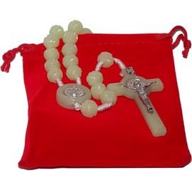 Holy Rosary with Velvet bag, box and with Soil from the Holy Land (St. Benedict Glow in the Dark Rosary)