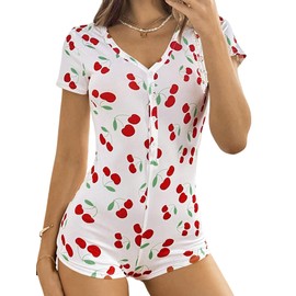 SHENHE Women's V Neck Button Up Sleep Romper Short Sleeve Cute Cherry Pajamas Onesie White Small
