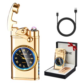 RSBYE Electric Lighter USB Rechargeable Lighters, Windproof Dual Arc Plasma Lighter, Flameless Electronic Cool Lighters with LED Battery Indication for Men (Gold Clock)