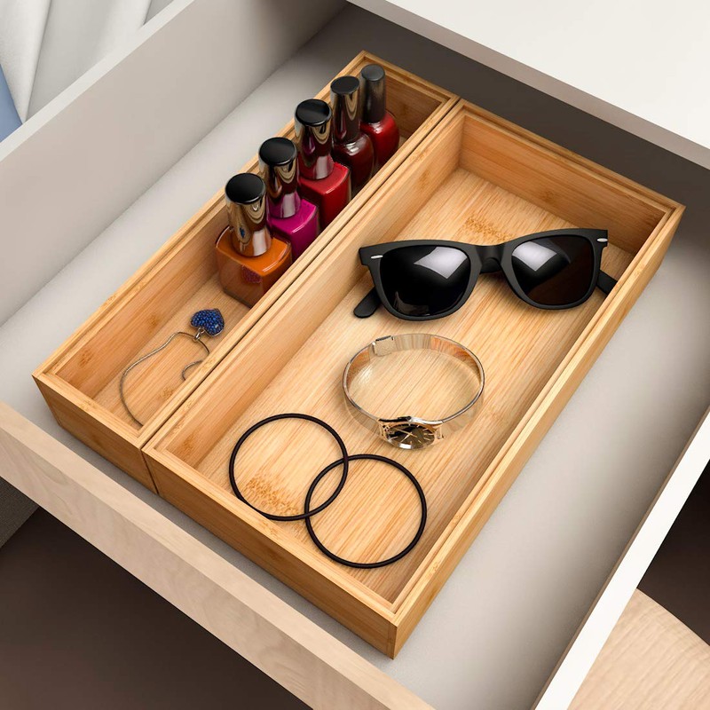 Drawer Organizer Bamboo Storage Box - Kitchen Bathroom Desk Wood