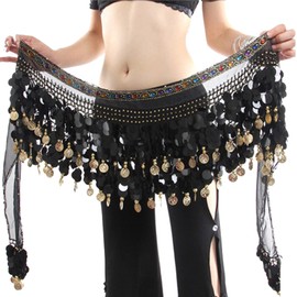 Wuchieal Women‘s Belly Dance Hip Scarf, Sweet Dance Skirt Wrap Performance Bling Sequins Coins, Belly Dancer Costume, Black with Black Coins & Colorful Gemstone, One Size
