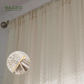 WAZZIO Beige Kitchen Window Curtains Over Sink Cotton Blend Crochet Sheer Kitchen Curtains 36 Inches Rod Pocket Farmhouse Vintage Lace Curtains Cafe Curtains Valance for Small Window,2 Panels