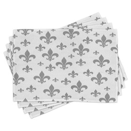ABAKUHAUS Fleur De Lis Place Mats, Retro Royal Vintage Washable Fabric Dining Room Kitchen Table Decoration Digital Print Light Grey White