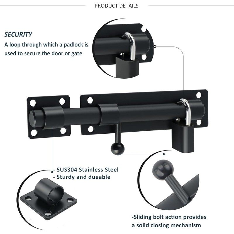Sayayo Sliding Bolt Lock Barrel Bolt Latch Black Heavy Duty