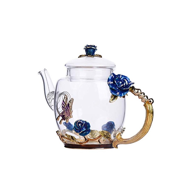 Floral Glass Teapot with France Enamel Flower Butterfly Decoration Safe