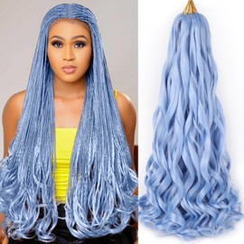 Unionbeauty French Curl Braiding Hair Light Blue 22 Inch French Curly Braiding Hair 2 Packs Crochet Braids Pre Stretched for Goddess Box Braids Crochet Hair Curly Braiding Hair Extension