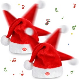 Janmercy 2 Pcs Singing and Dancing Christmas Hat Electric Swing Moving Santa Cap Plush Red Musical Funny Xmas Toy Hat for Christmas New Year Party Supplies Xmas