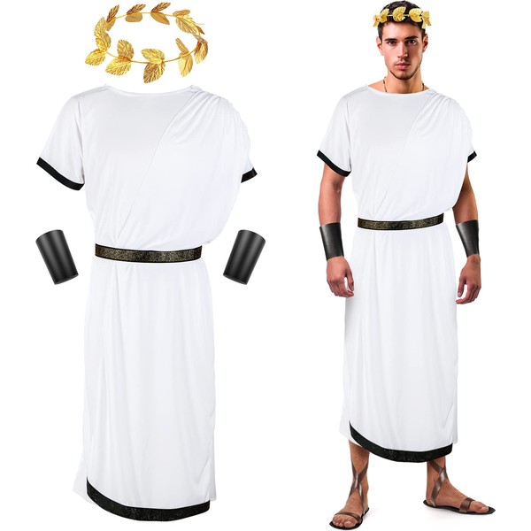 SATINIOR 4 Pcs Halloween Men Toga Costume Greek God Costume Adult White Roman Toga Costume with Leaf Laurel Wreath Wristband (Large)