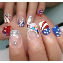 24Pcs 4th of July Press on Nails Short Square Fake Nails with Red Blue Star Rhinestone Charms Design Independence Day Glue on False Nail Glitter French Tip Artificial Stick on Nail for Women