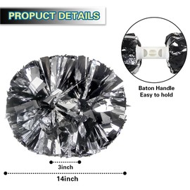 Lovecheer 2PCS Black and Silver Pom Poms Cheerleading Metallic Cheer Pom Poms with Baton Handle for Sports Team Spirit Party Cheering