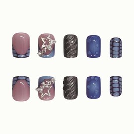 MISUD Press on Nails Short Square Fake Nails Glossy Glue on Nails Black Chrome Acrylic Nails Squoval Artificial Nails Star Rhinestone Stick on False Nails with Blue Ombre Design 24 pcs