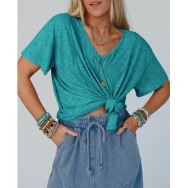 Tankaneo Womens Oversized Tshirts Knit V Neck Short Sleeve Tunic Tops Summer Casual Loose Fit Tee Shirts Lake Blue