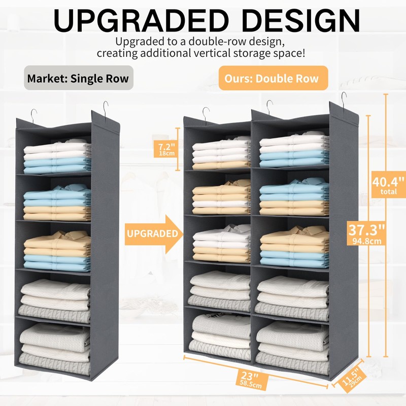 ALLTIDYUP Grey 5-Tier Hanging Closet Storage Organizer - Space-Saving Dual-Row